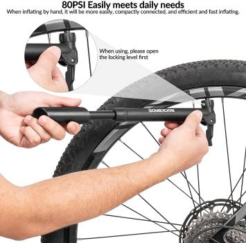 Preview: ROCKBROS | Minipumpe für Fahrräder – 80 PSI Handpumpe mit Halterung, 88g, für Presta & Schrader Ventile, ideal für Fahrräder, Sportbälle und Schwimmringe